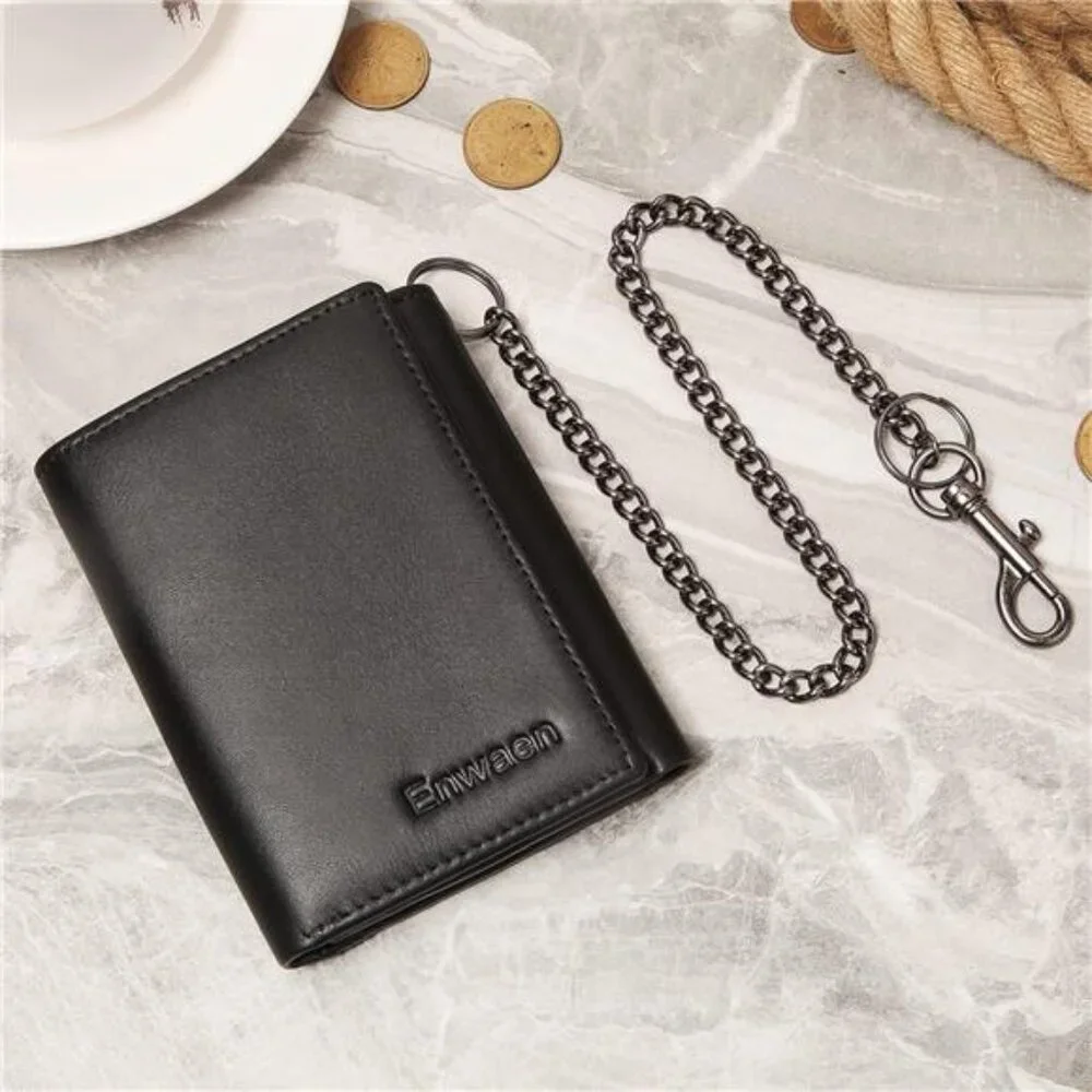 Mens Wallet with Chain, Genuine Leather Trifold Wallet RFID Blocking Anti-Theft